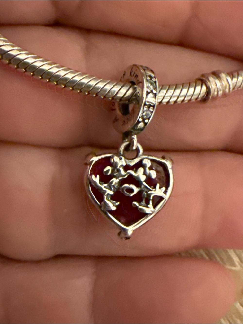 Silver Heart Drop Charm with Red Enamel Accent